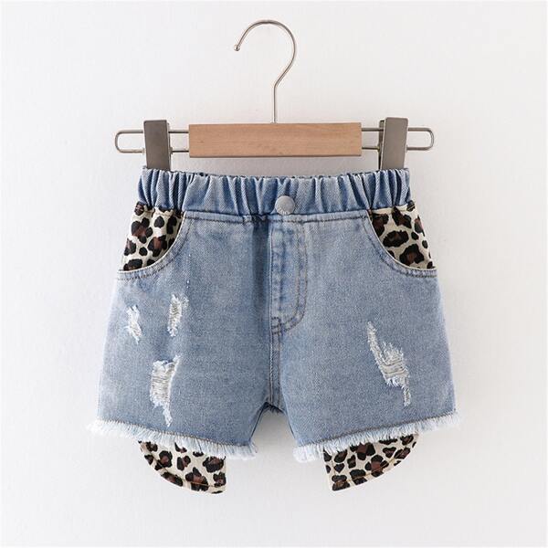 

Toddler Girls Leopard Panel Ripped Denim Shorts, Light wash