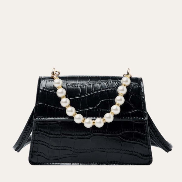 

Faux Pearl Handle Croc Embossed Satchel Bag, Black
