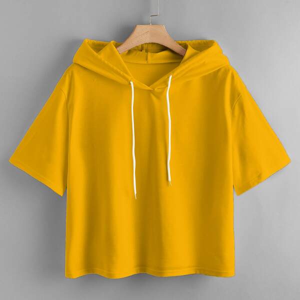 

Plus Drop Shoulder Drawstring Hooded Tee, Mustard yellow