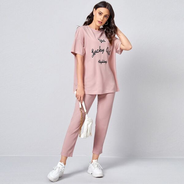 

Slogan Graphic Drop Shoulder Tee & Pants Set, Dusty pink