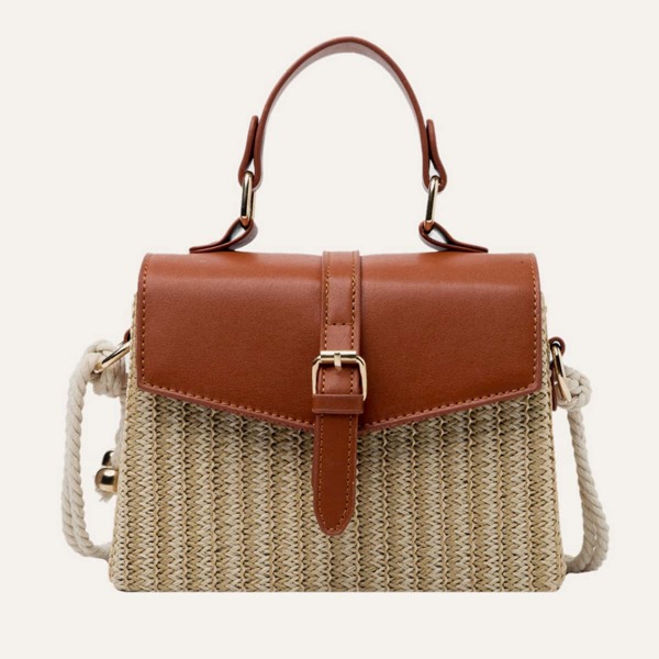

Buckle Decor Straw Satchel Bag, Brown