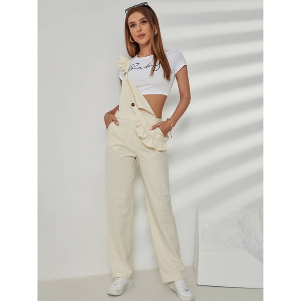 

Ruffle Trim Strap Overall Jumpsuit, Apricot