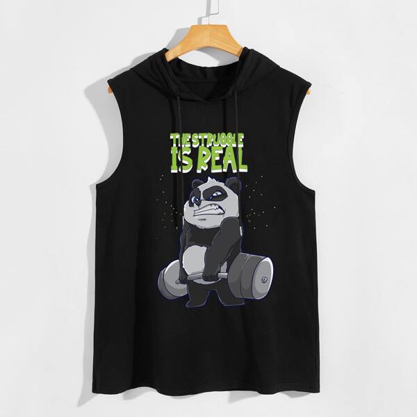 

Men Panda & Slogan Print Drawstring Hooded Tank Top, Black