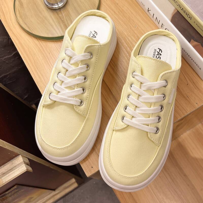 

Solid Lace-up Canvas Sneaker Mules, Yellow