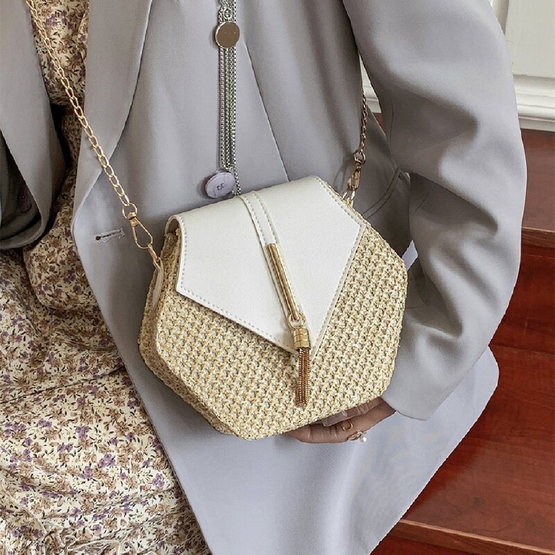 

Tassel Straw Crossbody Bag, Beige