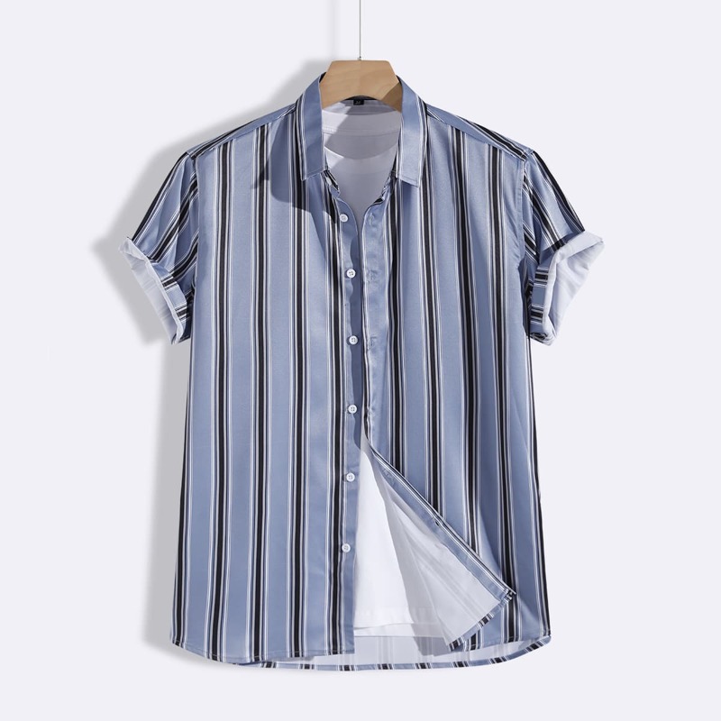 

Guys Vertical Striped Button Front Shirt Without Tee, Multicolor