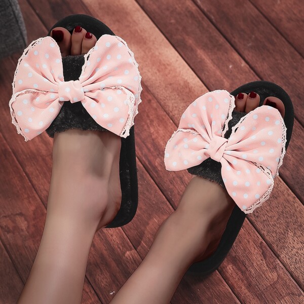 

Bow Decor Polka Dot Fluffy Slippers, Pink