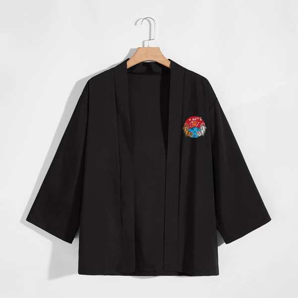 

Men Tiger & Chinese Character Print Kimono, Black
