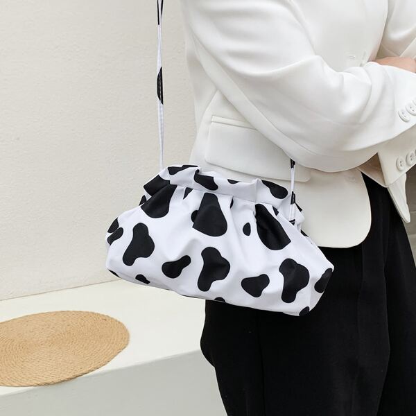 

Cow Print Drawstring Crossbody Bag, Black and white