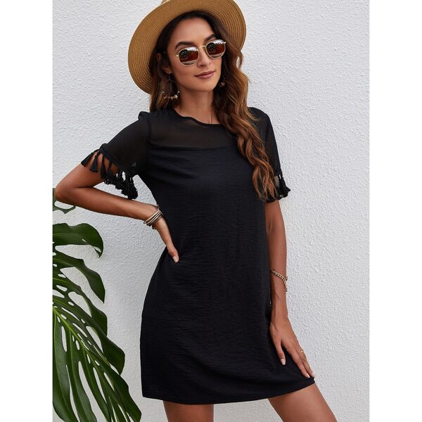

Solid Fringe Trim Tunic Dress, Black