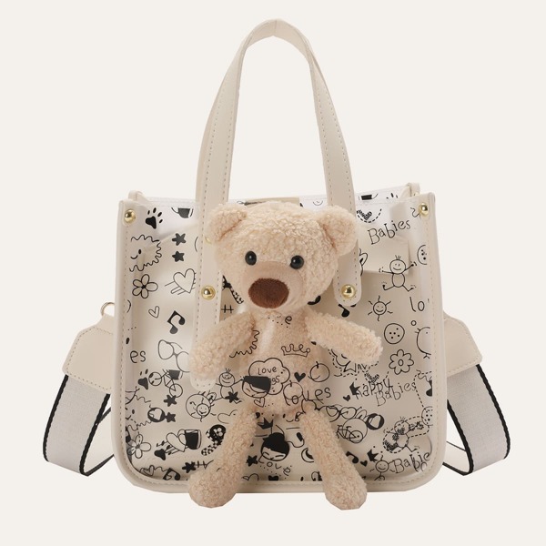 

Clear Cartoon Bear Decor Tote Bag, Beige