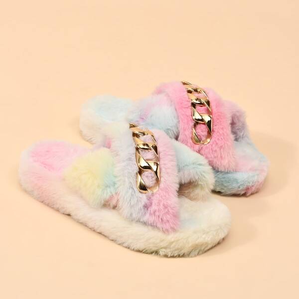 

Chain Decor Tie Dye Fluffy Slippers, Multicolor