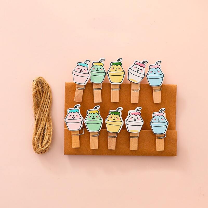 

10pcs Cartoon Wooden Clip & Hemp Rope Set, Multicolor