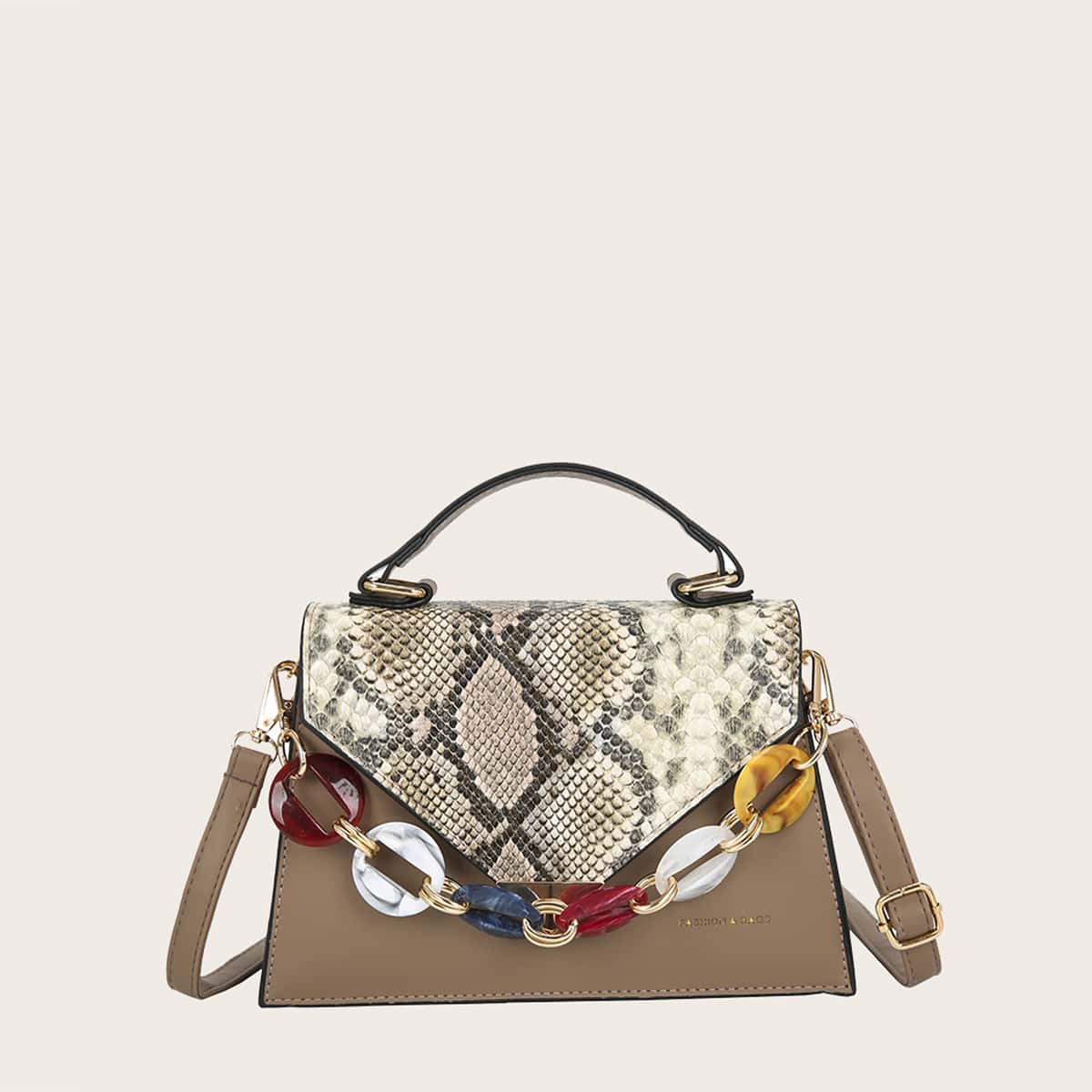 

Snakeskin Satchel Bag, Khaki