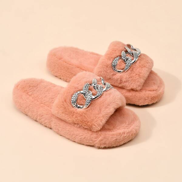 

Chain & Rhinestone Decor Fluffy Slippers, Coral pink