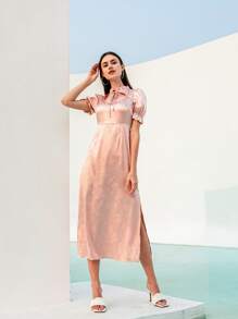 Modelyn Floral Cut Out Tie Neck Split Hem Dress