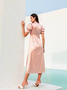 Modelyn Floral Cut Out Tie Neck Split Hem Dress