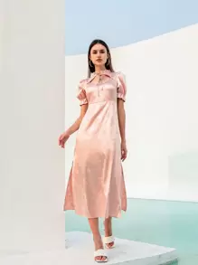 Modelyn Floral Cut Out Tie Neck Split Hem Dress