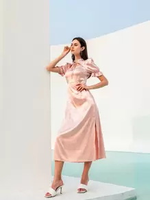 Modelyn Floral Cut Out Tie Neck Split Hem Dress
