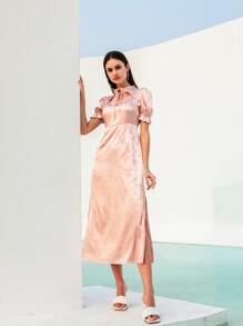 Modelyn Floral Cut Out Tie Neck Split Hem Dress