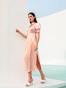 Modelyn Floral Cut Out Tie Neck Split Hem Dress
