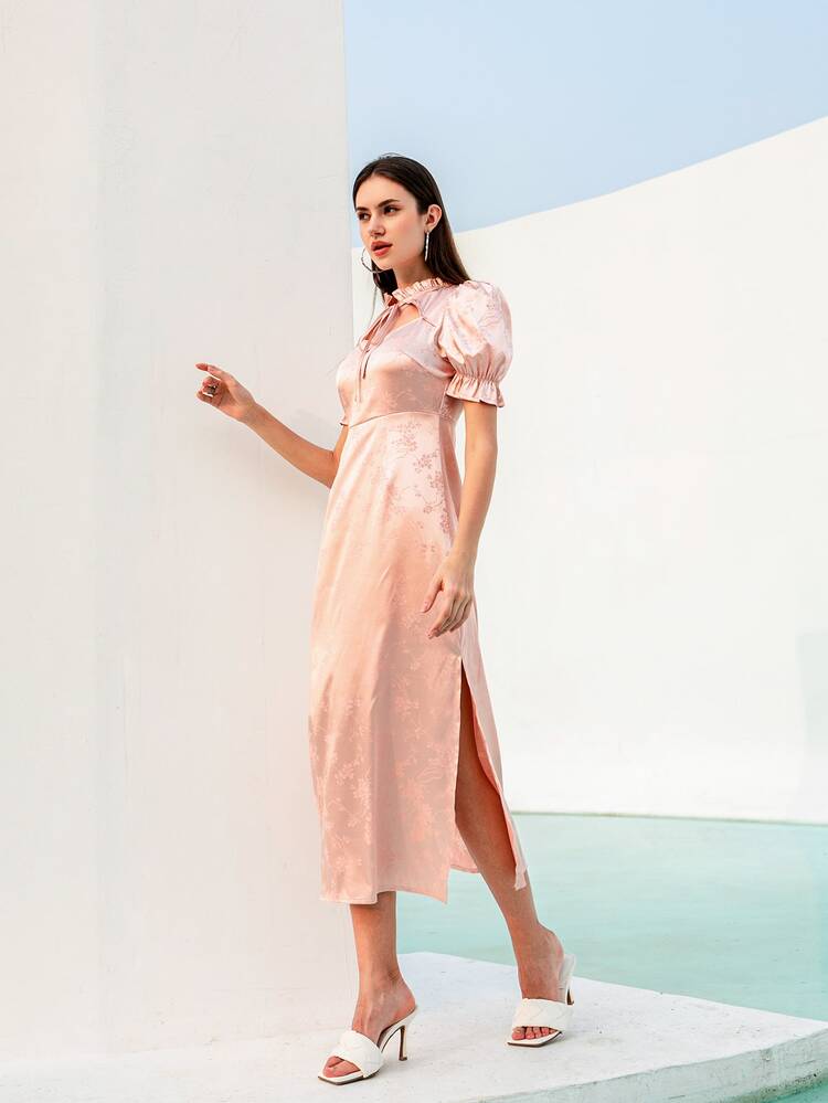 Modelyn Floral Cut Out Tie Neck Split Hem Dress - Pink - View 6