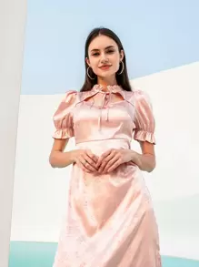 Modelyn Floral Cut Out Tie Neck Split Hem Dress