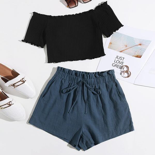 

Lettuce Trim Bardot Crop Top & Paperbag Waist Shorts Set, Multicolor
