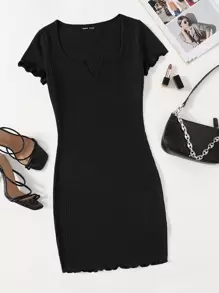 Muchica Notched Neck Lettuce Trim Rib-knit Bodycon Dress - Black - View 1