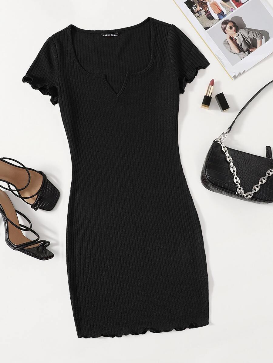 Muchica Notched Neck Lettuce Trim Rib-knit Bodycon Dress - Black - View 1