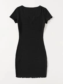 Muchica Notched Neck Lettuce Trim Rib-knit Bodycon Dress - Black - View 2