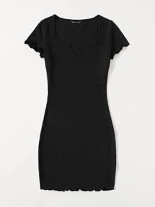Muchica Notched Neck Lettuce Trim Rib-knit Bodycon Dress - Black - View 3