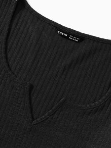 Muchica Notched Neck Lettuce Trim Rib-knit Bodycon Dress - Black - View 4