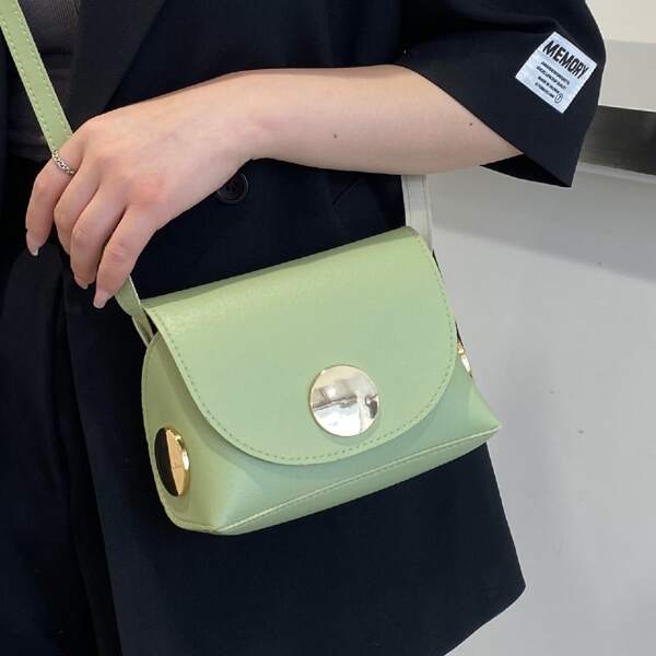 

Metal Round Decor Flap Crossbody Bag, Green