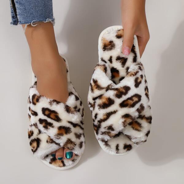 

Leopard Cross Strap Fluffy Slippers, Multicolor
