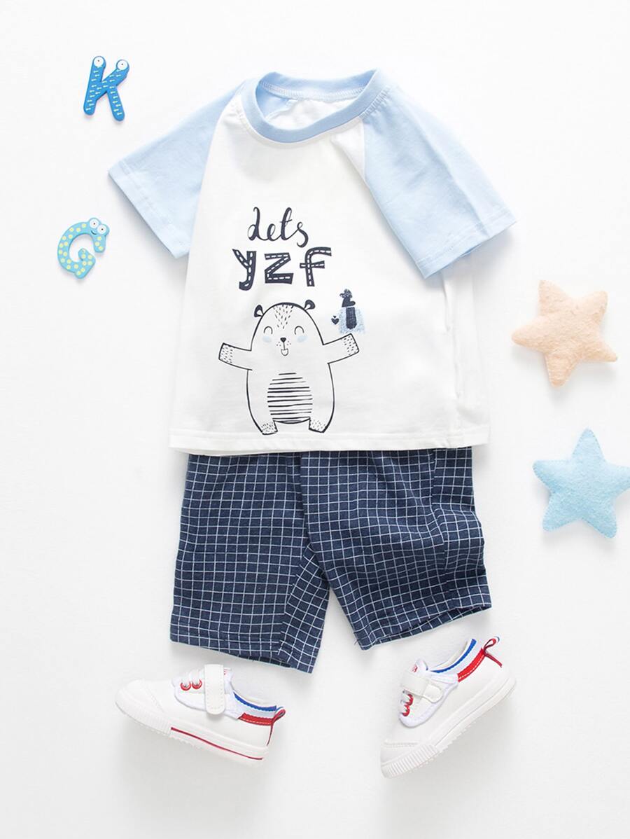 YINGZIFANG Bộ áo phông in hình hoạt hình dễ thương và quần short kẻ caro cho bé trai mùa hè - Nhiều màu - Xem 1