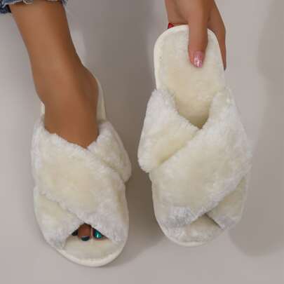Minimalist Cross Strap Fluffy Slippers