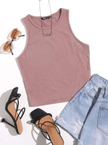 SHEIN EZwear 素色短版背心上衣 - 藕粉色 - 查看 1
