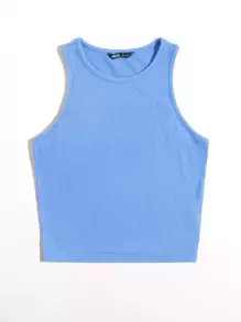 SHEIN EZwear 素色短版背心上衣 - 藍色 - 查看 3