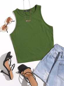 SHEIN EZwear 素色短版背心上衣 - 橄欖綠 - 查看 1