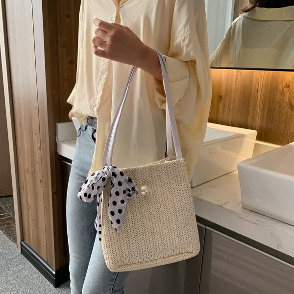 

Twilly Scarf Decor Straw Bag, Beige