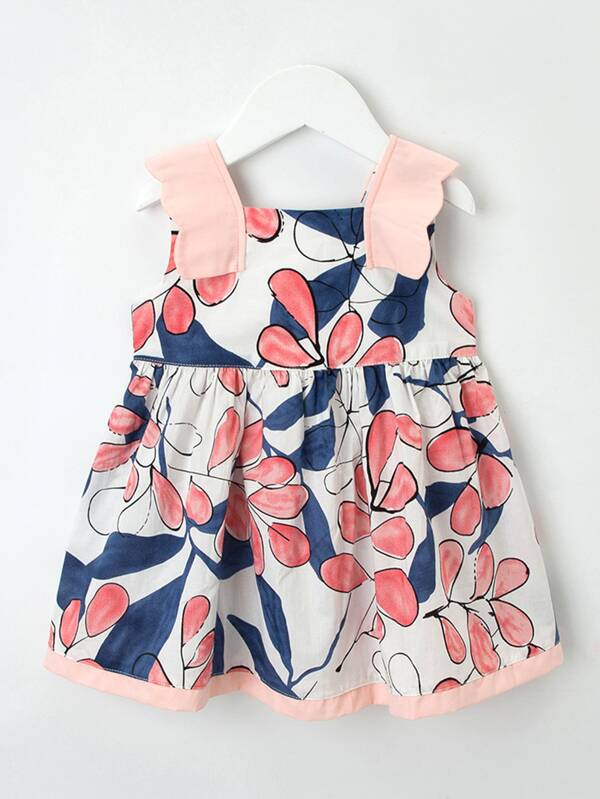 YINGZIFANG 小女童植物圖案荷葉邊袖口連衣裙