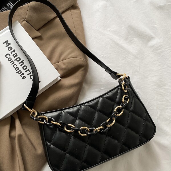 

Chain Decor Quilted Baguette Bag, Black