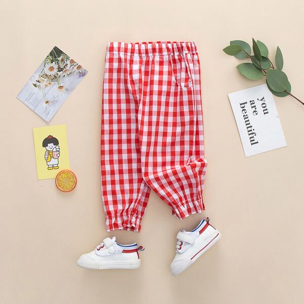 

Toddler Girls Elastic Waist Gingham Pants, Red and white