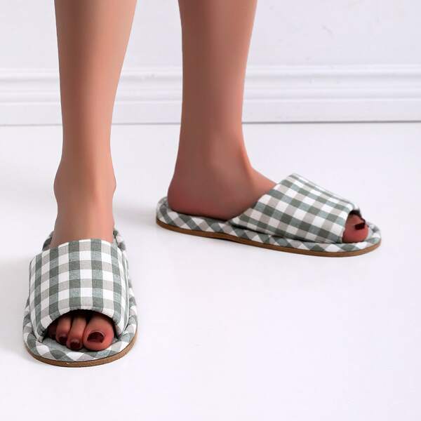 

Open Toe Gingham Bedroom Slippers, Green