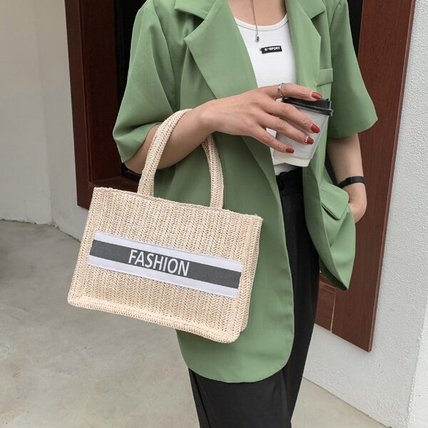 

Letter Graphic Straw Tote Bag, Beige