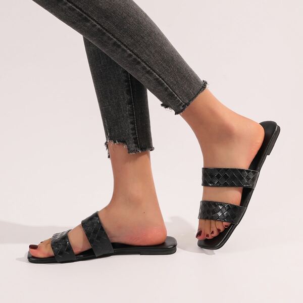 

Braided Double Strap Slide Sandals, Black