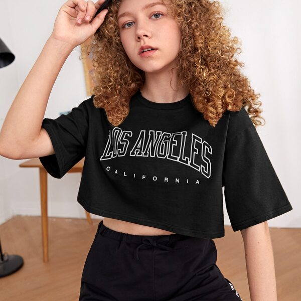 

Teen Girls Drop Shoulder Letter Graphic Crop Tee, Black