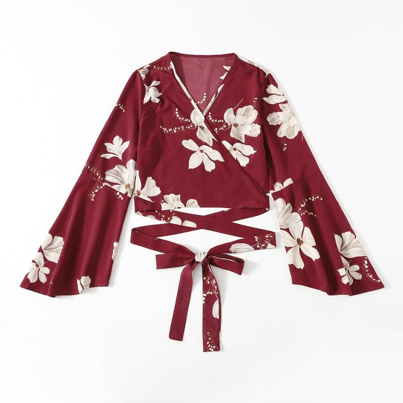 

Floral Print Criss Cross Blouse, Burgundy
