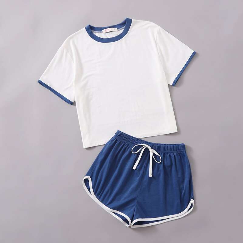 Ringer Tee & Drawstring Dolphin Shorts, Blue and white